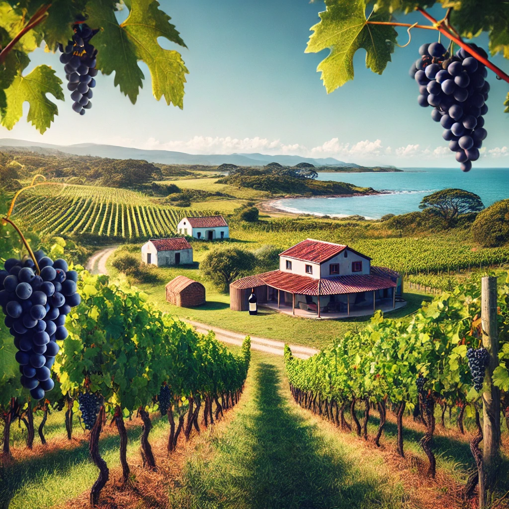 DALL·E 2024-09-16 16.34.43 - A picturesque scene of a lush Uruguayan vineyard near the Atlantic coast, showcasing neat rows of grapevines under a clear blue sky. In the foreground De Uruguayaanse wijnwereld