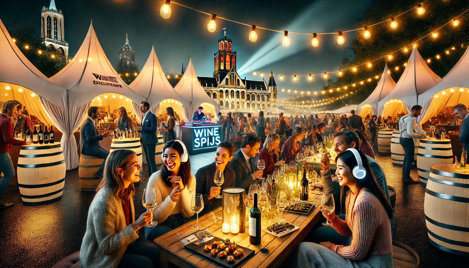 DALL·E 2024-10-15 07.26.24 - A vibrant wine festival scene at night in Utrecht. The setting features elegant tents with wine-tasting booths, people enjoying drinks under warm stri Wijnfestival Utrecht