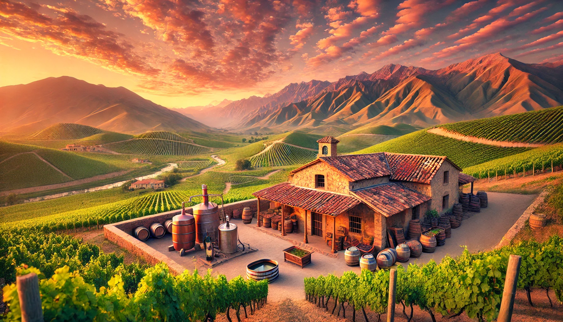 DALL·E 2024-11-23 10.25.02 - A picturesque South American vineyard at sunrise, with rolling green hills, neatly arranged grapevines, and a traditional bodega building in the foreg La Bodega eem reis wijn-pisco en traditie in Zuid-Amerika