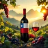 Chileense wijnfles met vlag kleuren tussen wijngaarden, Andes gebergte, Carmenère druiven en premium wijnglazen