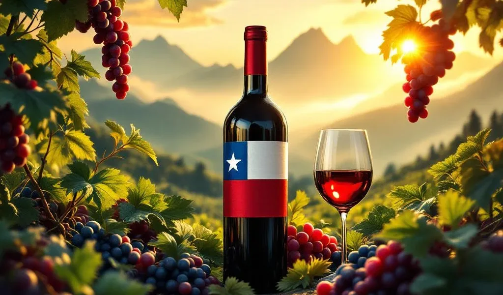 Chileense wijnfles met vlag kleuren tussen wijngaarden, Andes gebergte, Carmenère druiven en premium wijnglazen