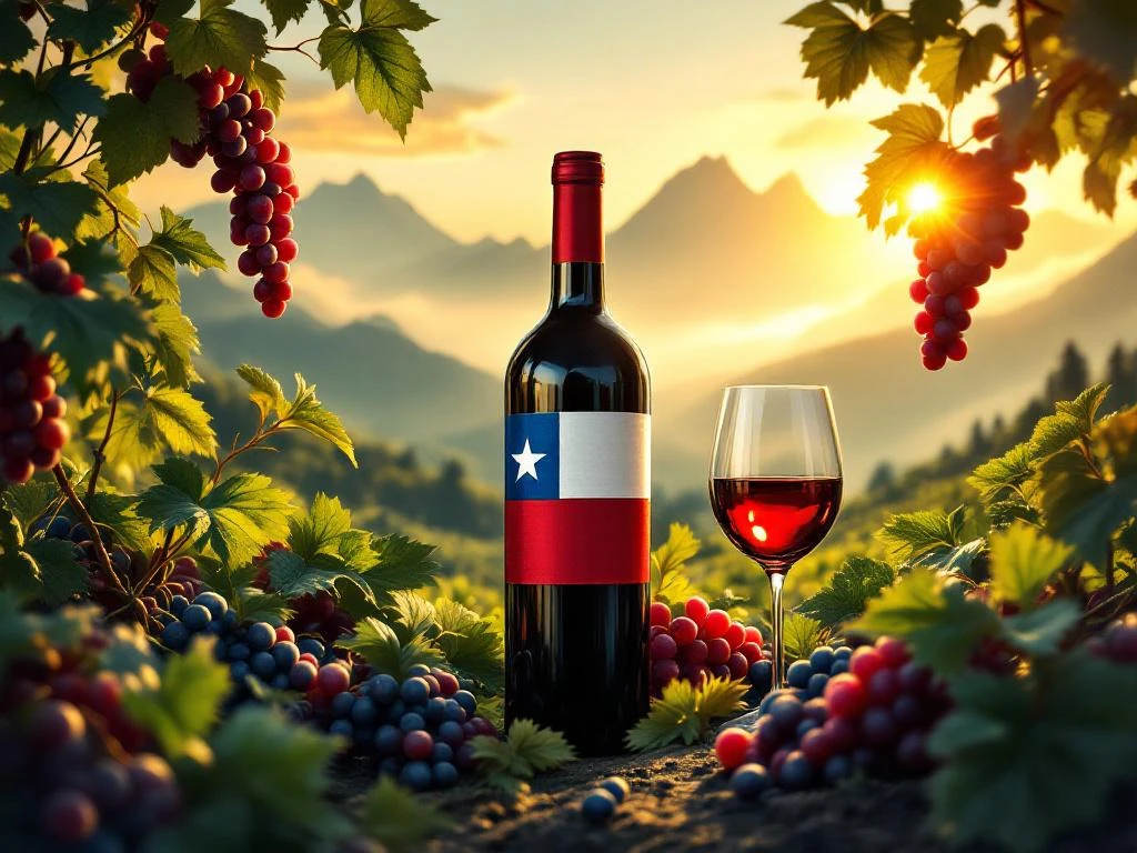 Chileense wijnfles met vlag kleuren tussen wijngaarden, Andes gebergte, Carmenère druiven en premium wijnglazen