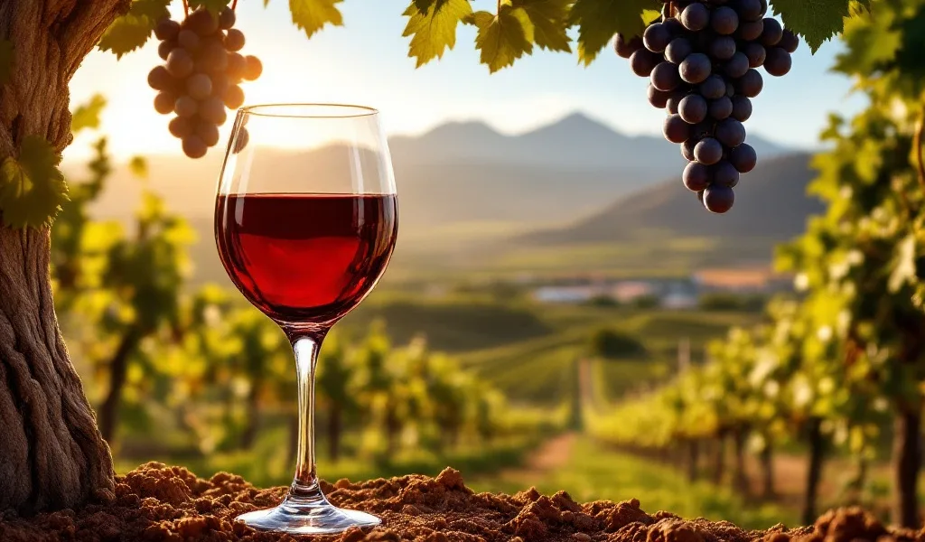 Wijnglas met rode wijn voor Chileense wijngaard met druivenranken en Andesgebergte op achtergrond in gouden zonlicht