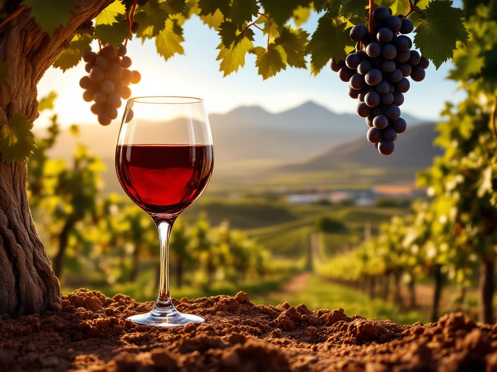 Wijnglas met rode wijn voor Chileense wijngaard met druivenranken en Andesgebergte op achtergrond in gouden zonlicht