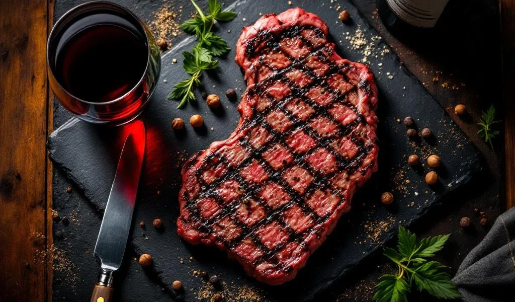 Gegrilde biefstuk op leisteen met Zuid-Amerikaanse rode wijn, kruiden en warme sfeerverlichting voor premium dining