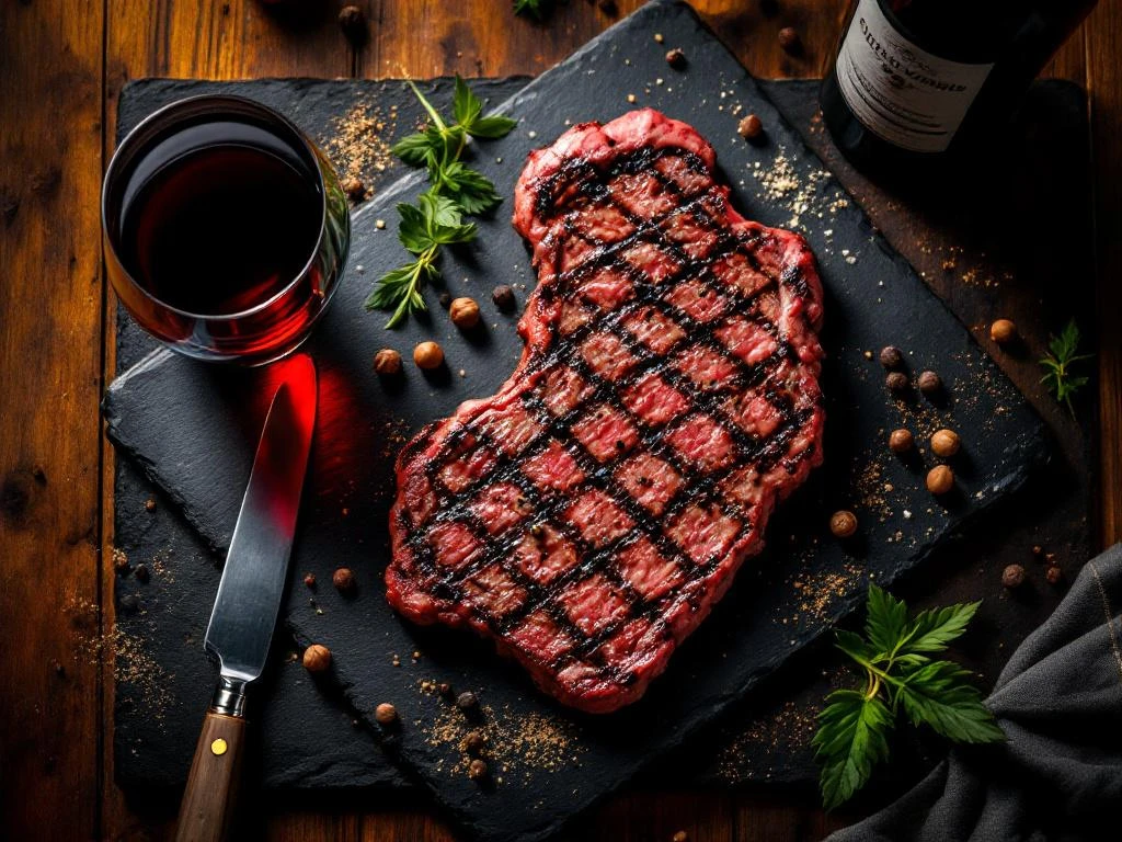 Gegrilde biefstuk op leisteen met Zuid-Amerikaanse rode wijn, kruiden en warme sfeerverlichting voor premium dining