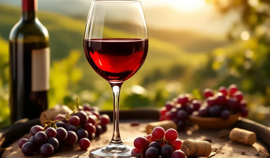 Kristallen wijnglas met rode wijn op houten vat, druiven en kurk, wijngaardheuvels op achtergrond in gouden avondlicht