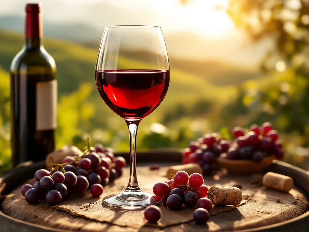 Kristallen wijnglas met rode wijn op houten vat, druiven en kurk, wijngaardheuvels op achtergrond in gouden avondlicht