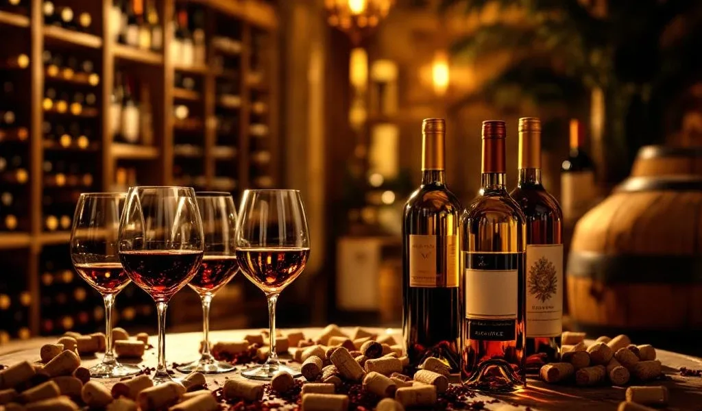 Luxe wijnkelder met houten rekken vol premium flessen, kristallen glazen en warme gouden verlichting