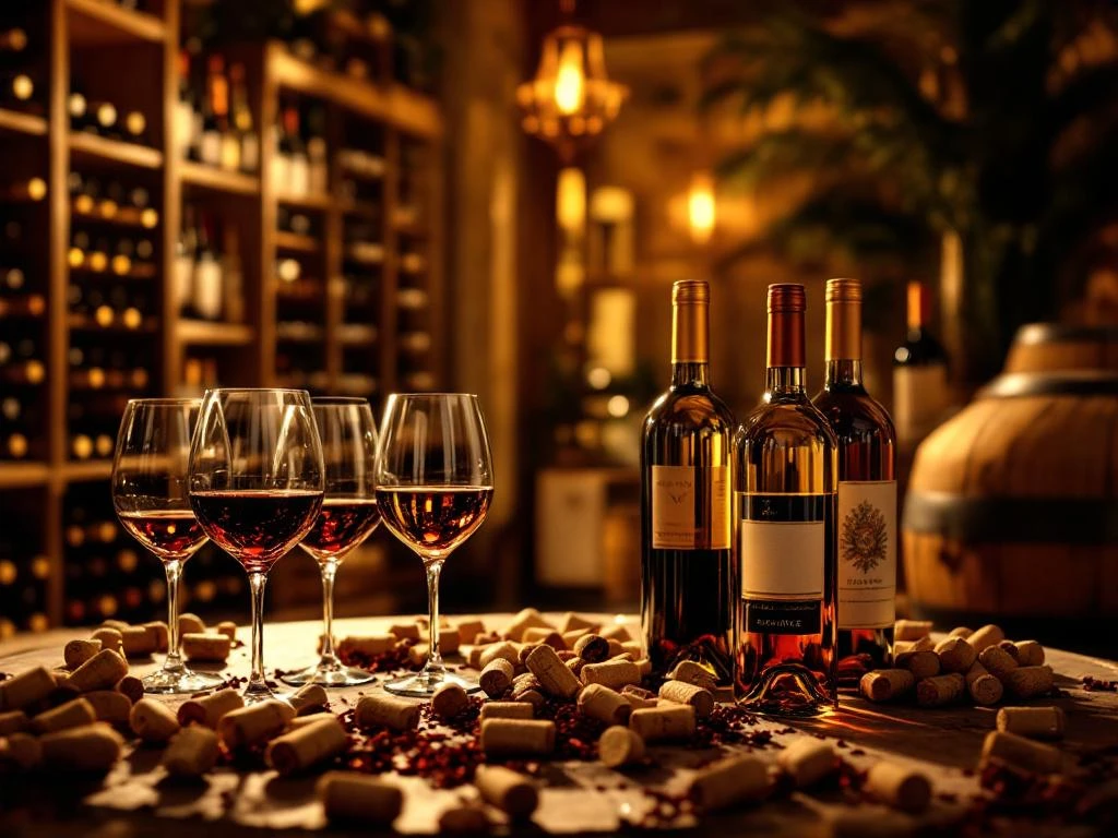 Luxe wijnkelder met houten rekken vol premium flessen, kristallen glazen en warme gouden verlichting