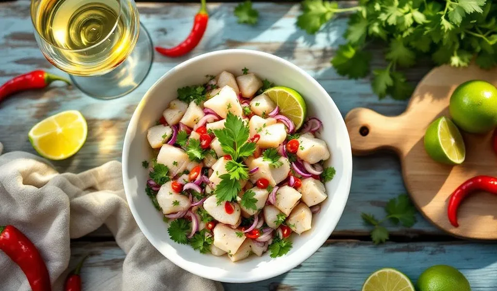 Witte kom met verse Peruaanse ceviche en glas witte wijn op rustiek houten bord met limoen en pepers