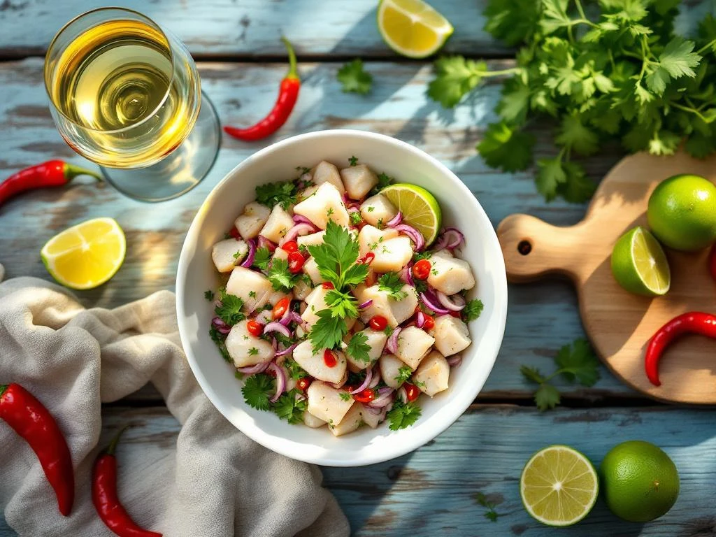 Witte kom met verse Peruaanse ceviche en glas witte wijn op rustiek houten bord met limoen en pepers