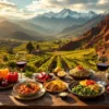 Peruaanse keuken met ceviche en quinoa op houten tafel, wijnglazen, Andesgebergte en wijngaarden op achtergrond