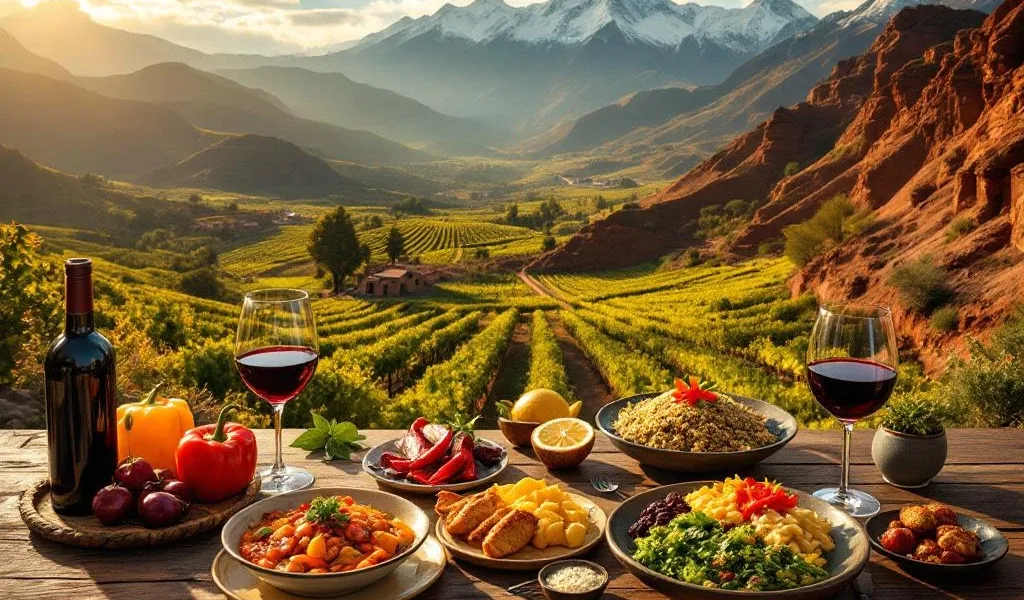 Peruaanse keuken met ceviche en quinoa op houten tafel, wijnglazen, Andesgebergte en wijngaarden op achtergrond