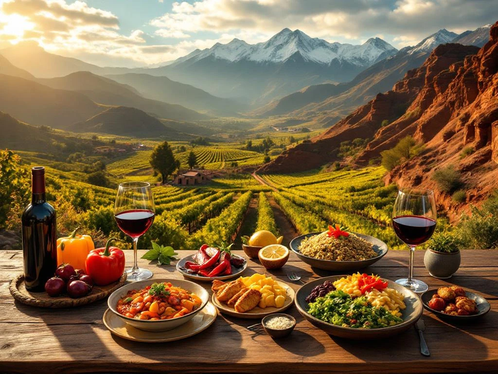 Peruaanse keuken met ceviche en quinoa op houten tafel, wijnglazen, Andesgebergte en wijngaarden op achtergrond