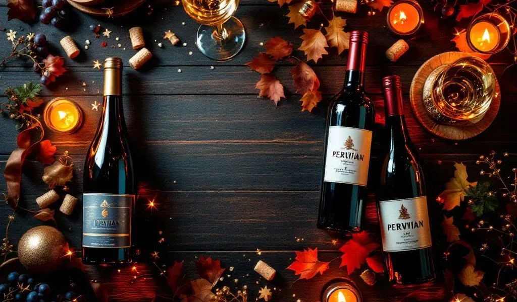 Luxe Peruaanse wijnflessen op donkere houten tafel met champagneglazen, kaarslicht en gouden nieuwjaarsdecoraties