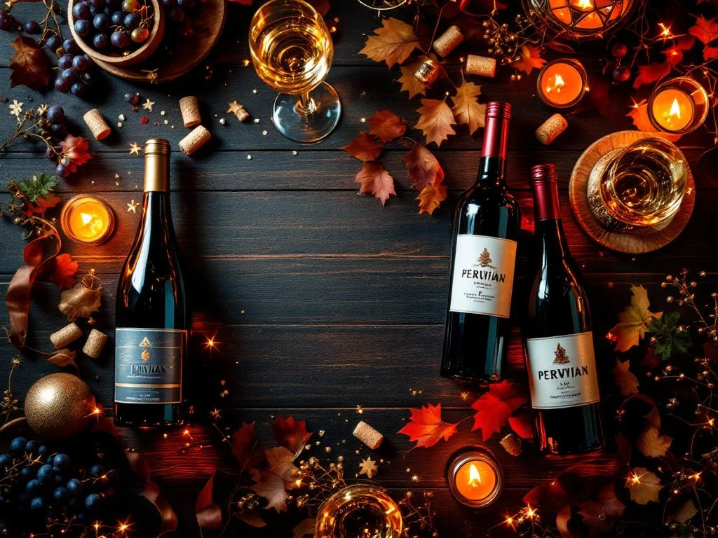 Luxe Peruaanse wijnflessen op donkere houten tafel met champagneglazen, kaarslicht en gouden nieuwjaarsdecoraties