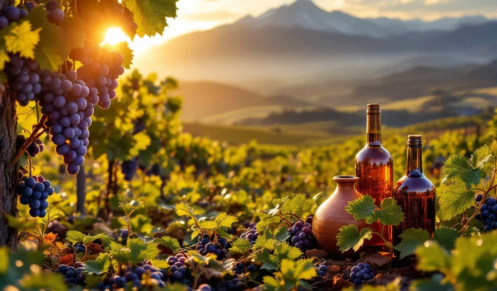 Peruaanse wijngaard met paarse druiven, terracotta vaten en wijnflessen tegen Andesgebergte tijdens gouden uur