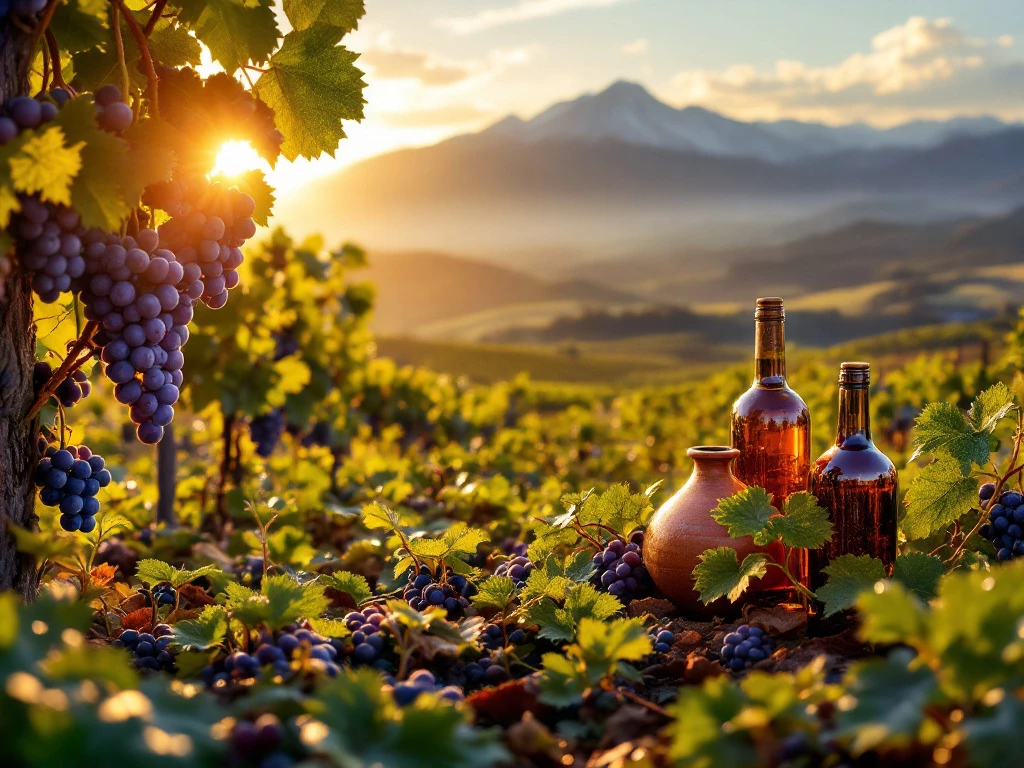 Peruaanse wijngaard met paarse druiven, terracotta vaten en wijnflessen tegen Andesgebergte tijdens gouden uur