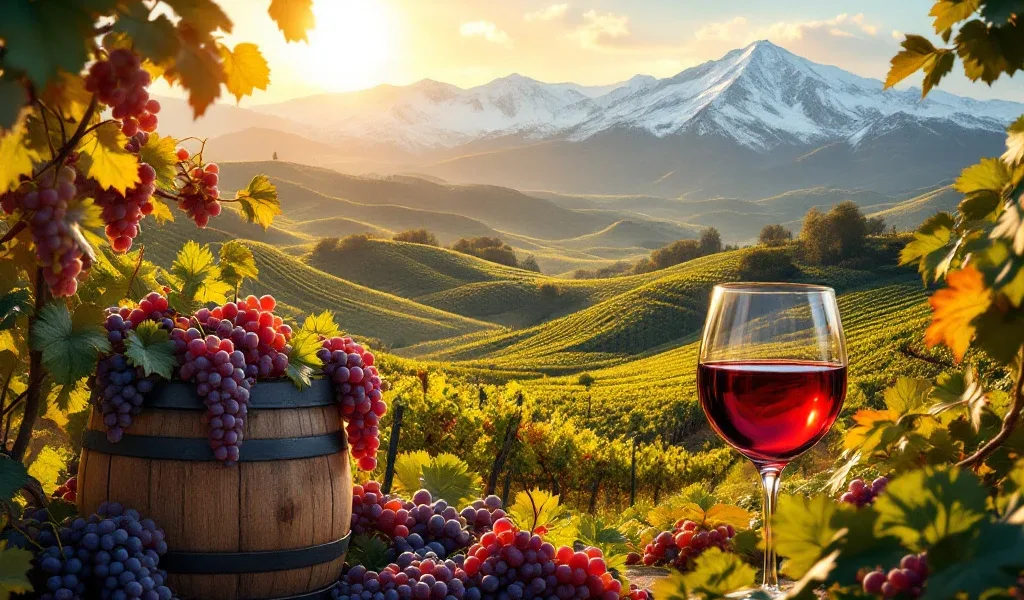 Peruaanse wijngaard in Ica-vallei met druivenranken, houten wijnvat, verse druiven en besneeuwde Andes op achtergrond