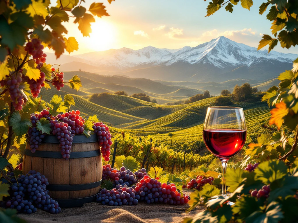 Peruaanse wijngaard in Ica-vallei met druivenranken, houten wijnvat, verse druiven en besneeuwde Andes op achtergrond