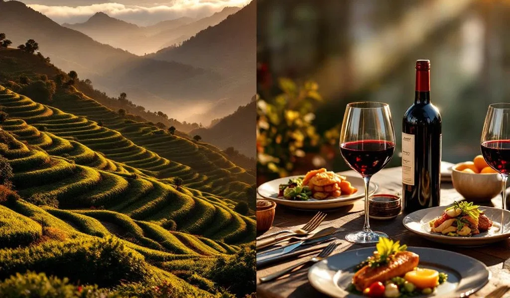 Peruaanse wijngaard op grote hoogte met terrasvormige hellingen naast elegante wijn en gerechten pairing setup