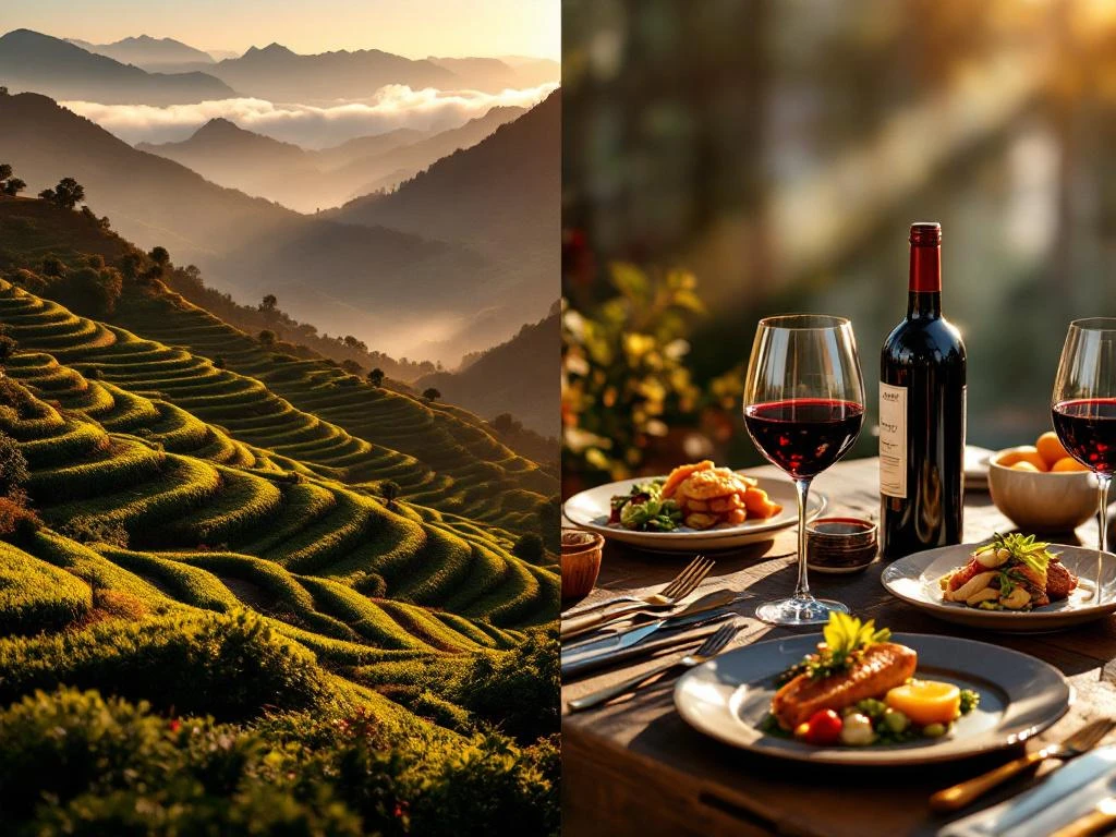 Peruaanse wijngaard op grote hoogte met terrasvormige hellingen naast elegante wijn en gerechten pairing setup