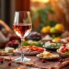 Glas roze Peruaanse rosé wijn met gourmet hapjes, zeevruchten en kaas op elegante tafel met warme verlichting
