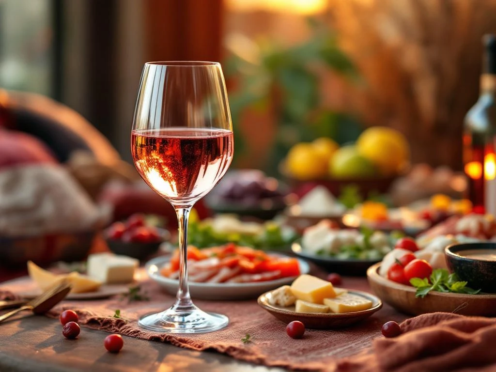 Glas roze Peruaanse rosé wijn met gourmet hapjes, zeevruchten en kaas op elegante tafel met warme verlichting