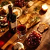Luxe rode wijn met kaas, charcuterie en druiven op mahoniehout tafel, bovenaanzicht met warme verlichting