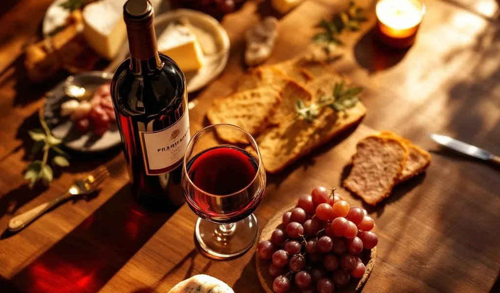 Luxe rode wijn met kaas, charcuterie en druiven op mahoniehout tafel, bovenaanzicht met warme verlichting