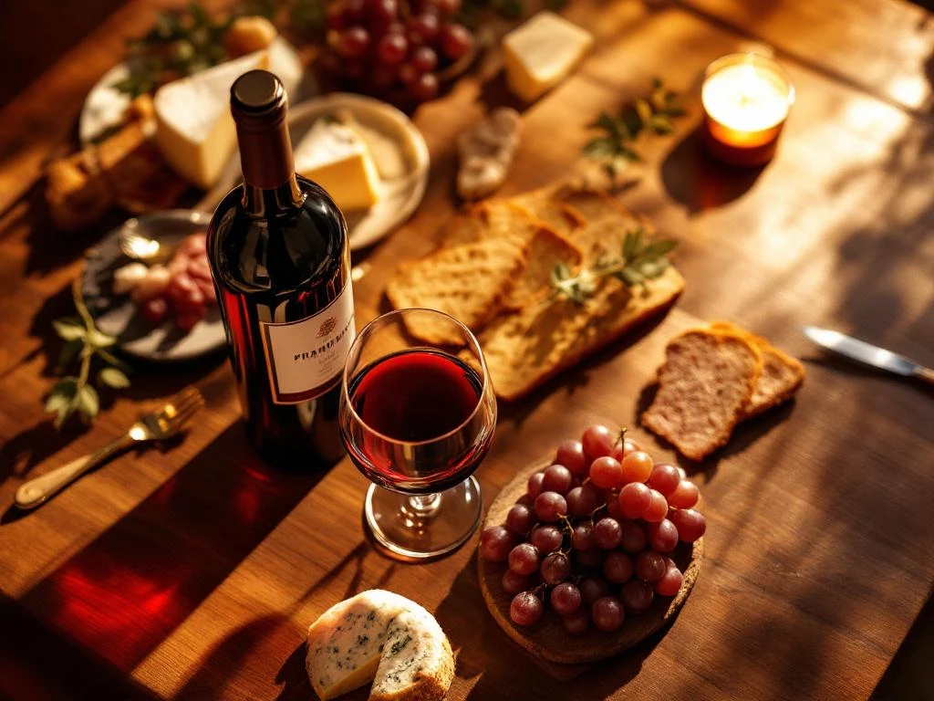 Luxe rode wijn met kaas, charcuterie en druiven op mahoniehout tafel, bovenaanzicht met warme verlichting