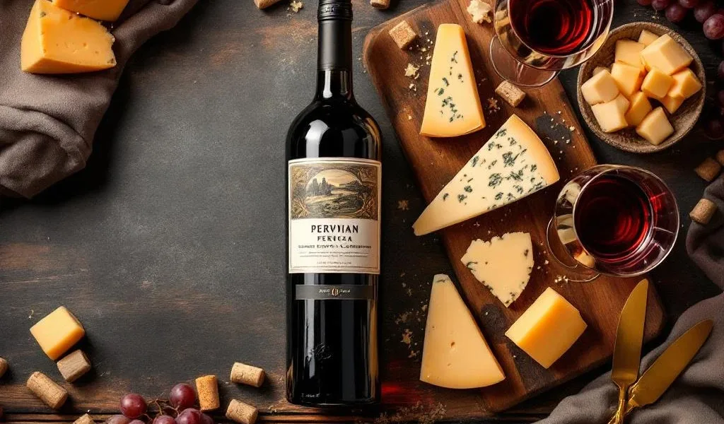 Luxe wijn en kaas pairing met Peruaanse rode wijn, Nederlandse goudse kaas en vintage accessoires op houten plank