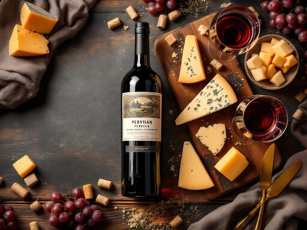Luxe wijn en kaas pairing met Peruaanse rode wijn, Nederlandse goudse kaas en vintage accessoires op houten plank