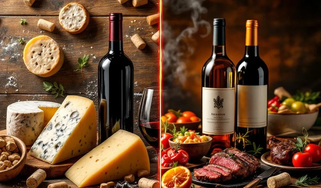 Gesplitste compositie toont Europese wijnparing met kaas en brood tegenover Zuid-Amerikaanse ceviche en gegrild vlees
