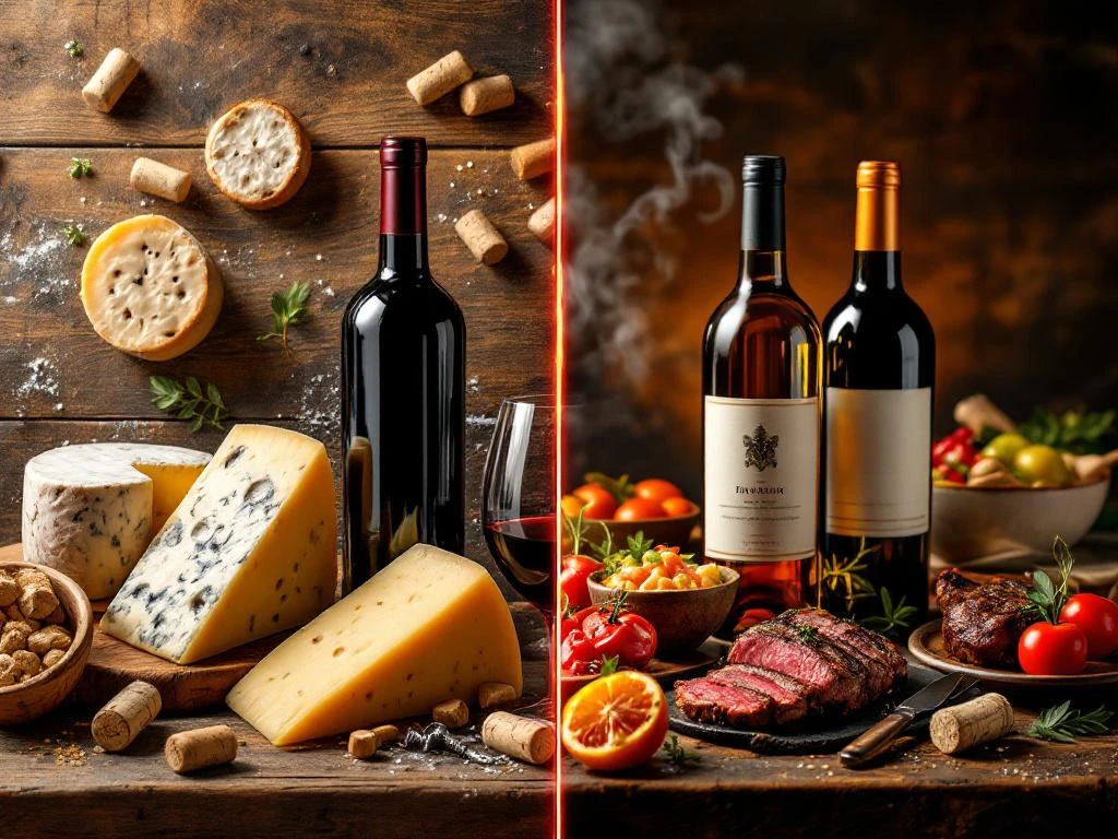 Gesplitste compositie toont Europese wijnparing met kaas en brood tegenover Zuid-Amerikaanse ceviche en gegrild vlees