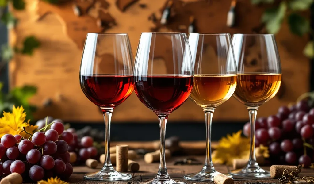 Kristallen wijnglazen met rode, gouden en rosé wijnen op houten tafel, kurken wereldkaart met wijnflessen op achtergrond