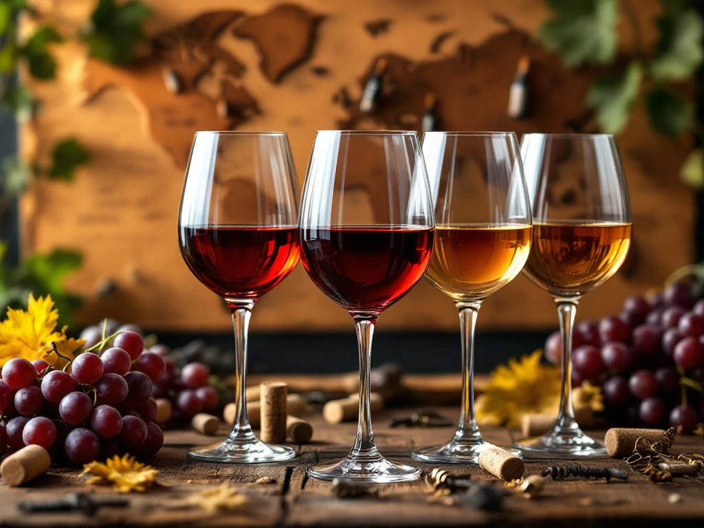 Kristallen wijnglazen met rode, gouden en rosé wijnen op houten tafel, kurken wereldkaart met wijnflessen op achtergrond