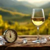 Glas witte wijn op rustieke houten tafel met thermometer en ijsblokjes, Peruaanse wijngaard op achtergrond