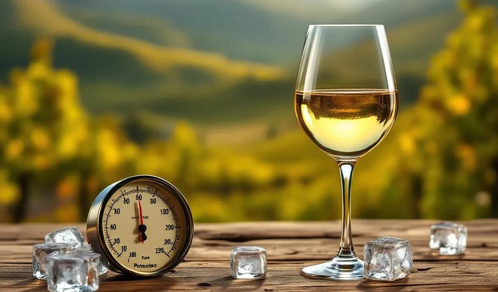 Glas witte wijn op rustieke houten tafel met thermometer en ijsblokjes, Peruaanse wijngaard op achtergrond