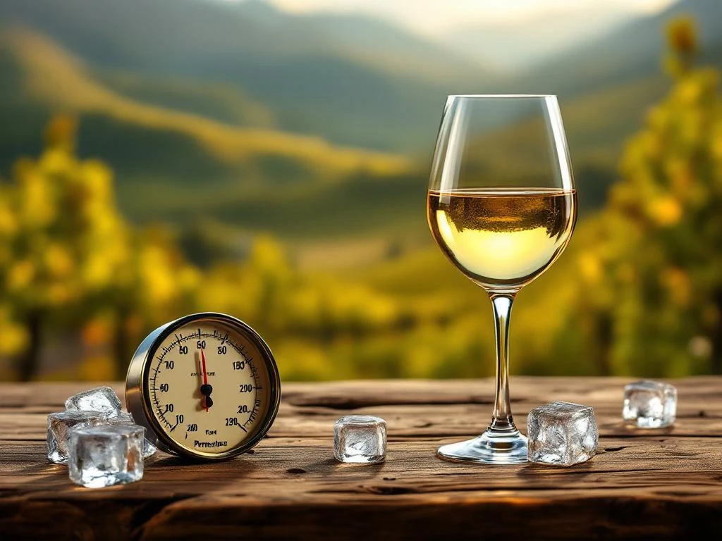Glas witte wijn op rustieke houten tafel met thermometer en ijsblokjes, Peruaanse wijngaard op achtergrond