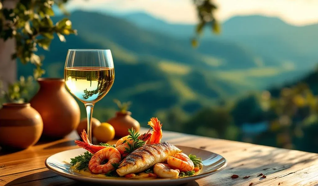 Wit wijnglas naast gegrilde vis en garnalen op rustieke houten tafel met Zuid-Amerikaanse wijngaard op achtergrond