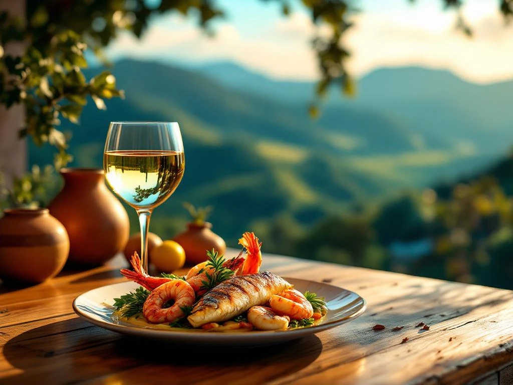 Wit wijnglas naast gegrilde vis en garnalen op rustieke houten tafel met Zuid-Amerikaanse wijngaard op achtergrond