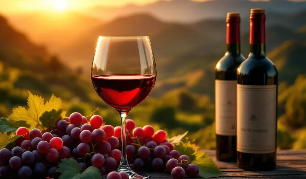 Wijnglas met rode Zuid-Amerikaanse wijn voor Andes-bergen en terrasvormige wijngaarden bij zonsondergang