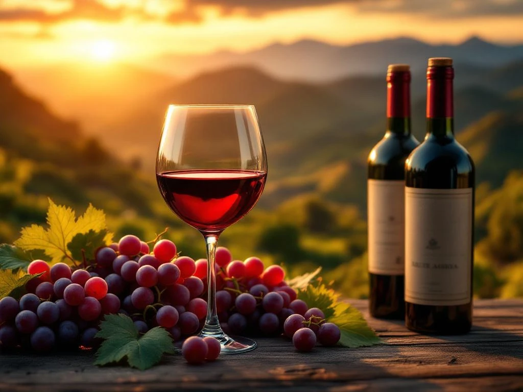 Wijnglas met rode Zuid-Amerikaanse wijn voor Andes-bergen en terrasvormige wijngaarden bij zonsondergang