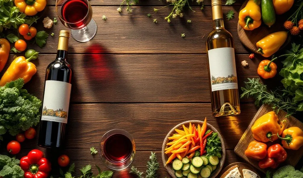 Elegante houten tafel met Zuid-Amerikaanse wijnen, vegetarische gerechten, kaasplanken en verse groenten van bovenaf