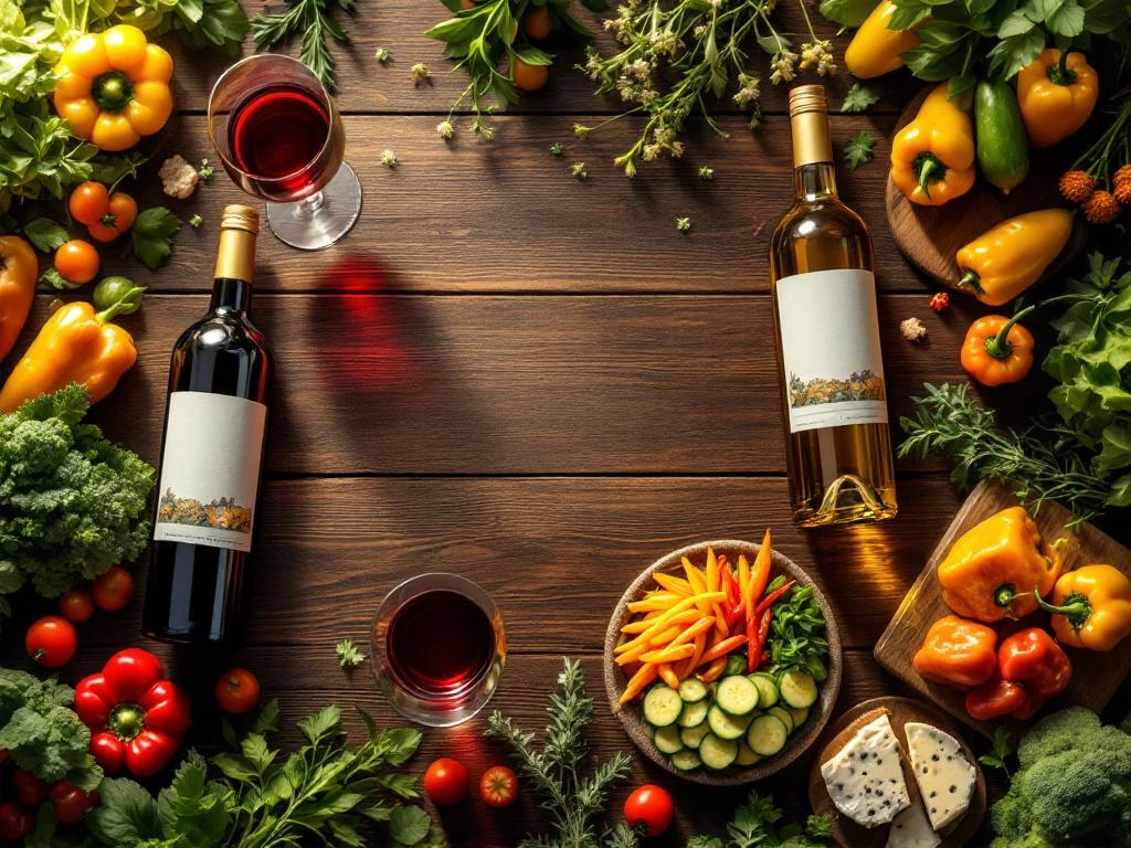 Elegante houten tafel met Zuid-Amerikaanse wijnen, vegetarische gerechten, kaasplanken en verse groenten van bovenaf