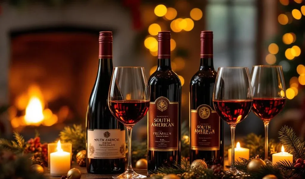 Luxe Zuid-Amerikaanse wijnen met gouden etiketten op rustieke houten tafel bij kaarslicht met kerstversiering