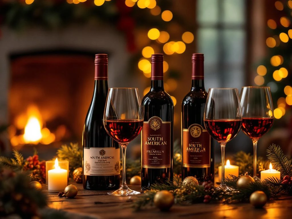 Luxe Zuid-Amerikaanse wijnen met gouden etiketten op rustieke houten tafel bij kaarslicht met kerstversiering