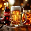 Glas bier met schuim, Coca-Cola fles en ijsthee op houten bar met Amerikaanse vlag kleuren op achtergrond